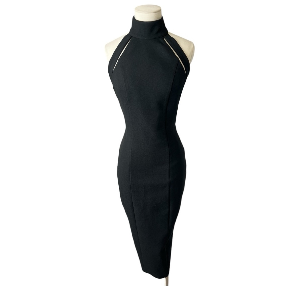 Misha Collection Black High Neck Crepe Midi Dress XS